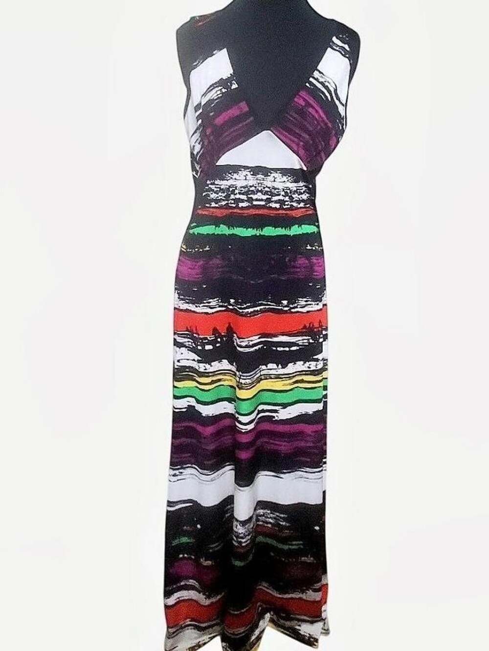 Vtg Maxi Dress Womens Medium V-neck Purple Rain 90s Multicolored Striped Retro